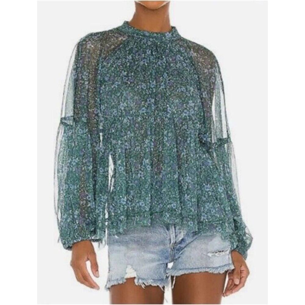 Free People Sweet Heart Top in Emerald Combo Green Floral Gauzy Size XS Orig $98